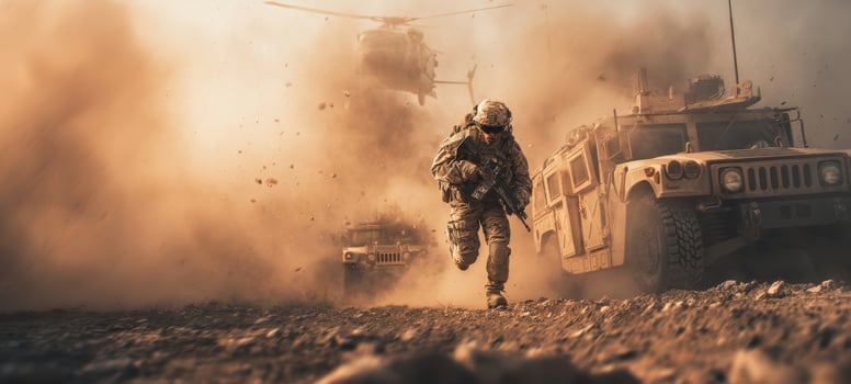 The soldier running through dust during a military operation with helicopters overhead. photo