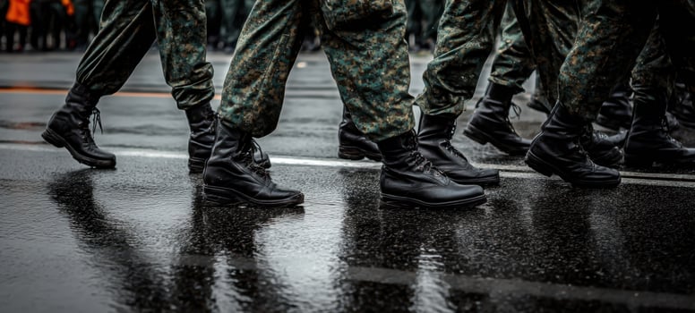 The soldiers marching in formation with polished boots on a rainy day. photo