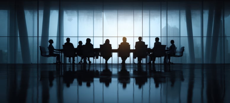The silhouettes of business professionals engaging in a strategic meeting at sunset. photo