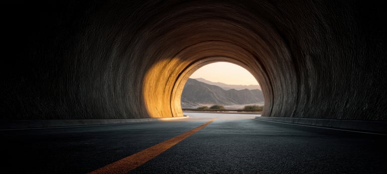The Tunnel Leading to a Serene Mountainous Landscape at Sunset photo
