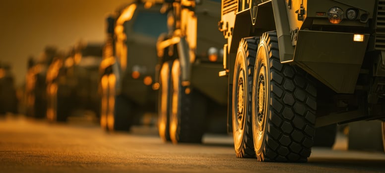 The military vehicles lined up in a powerful sunset convoy formation. photo