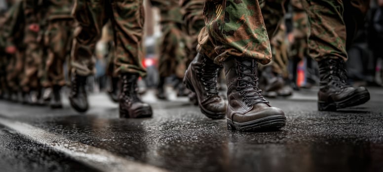 The soldiers in combat boots marching confidently down the wet street. photo
