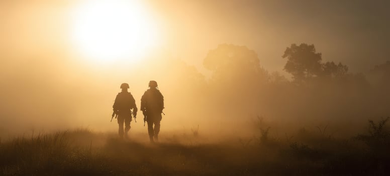 The soldiers walking together in the misty sunrise landscape of camaraderie. photo