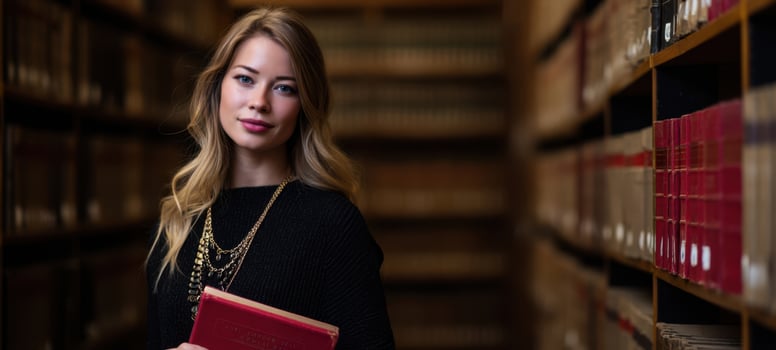 The young woman holding a red book in a library setting. photo