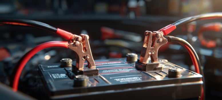 The charging process of a car battery with jumper cables connected. photo