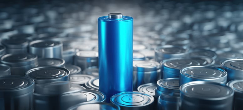 The striking blue battery standing out amidst silver metal cans. photo