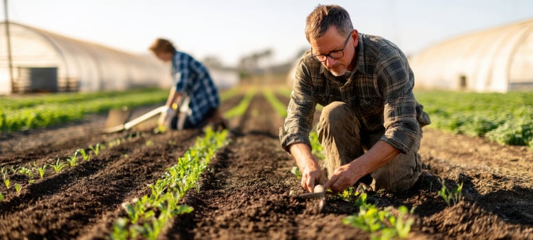 The diligent farmers working together to cultivate healthy crops in a sunlit field. photo