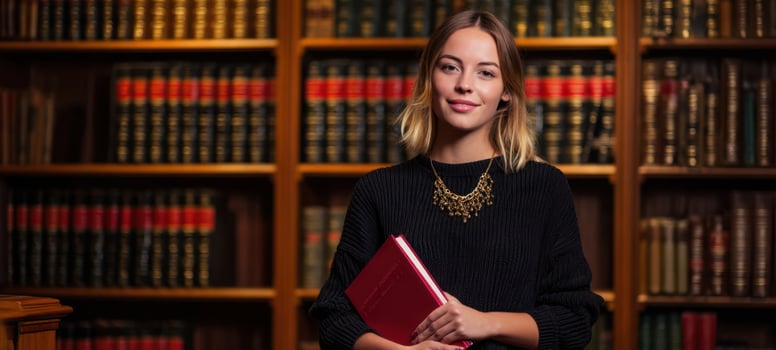The woman in a library holding a red book and smiling confidently. photo