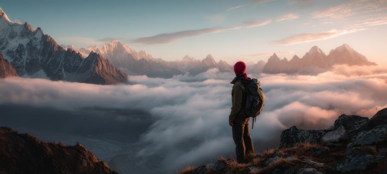 The breathtaking view from a mountain peak at sunrise with a solo hiker. photo