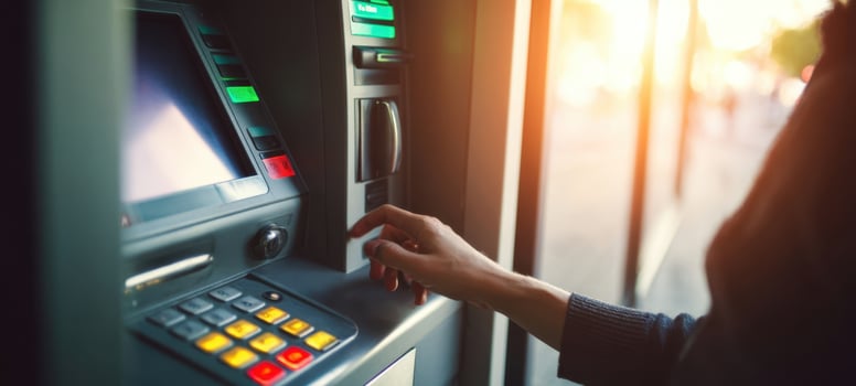 The ATM machine being used for a convenient cash withdrawal during sunset. photo