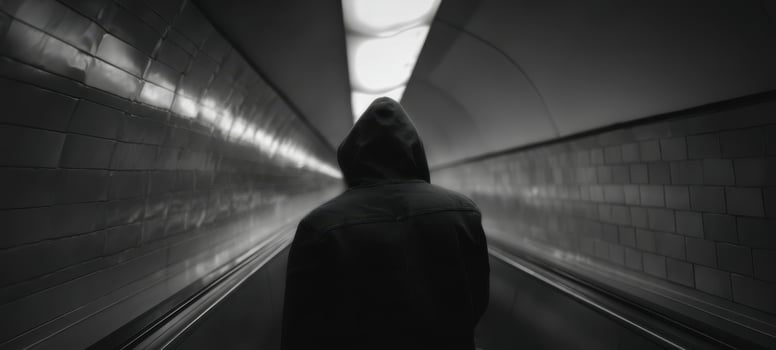 The hooded figure traversing an underground tunnel in solitude and mystery. photo