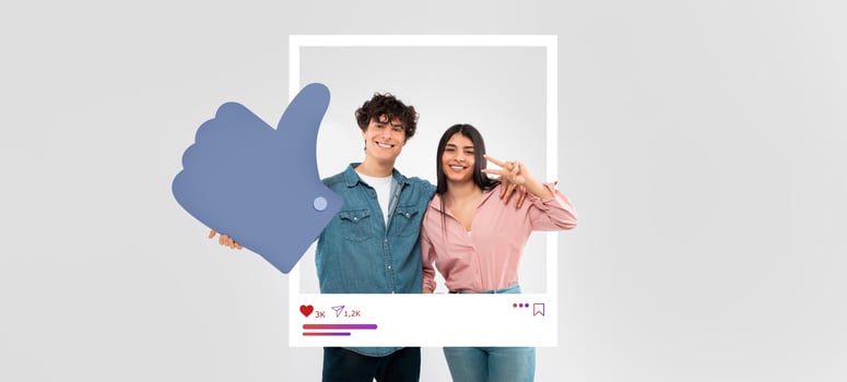 Two young influencers smile happily while posing with a thumbs-up sign, promoting online engagement and interaction. Their casual attire and cheerful expressions create a vibrant atmosphere. photo