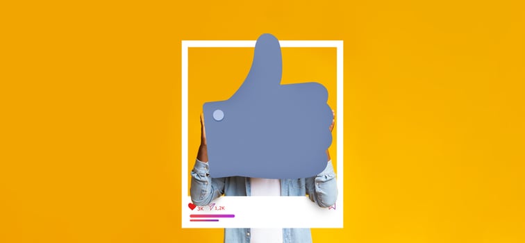A social media influencer joyfully gives a thumbs up against a bright yellow background. This moment is captured in a collage that emphasizes online interaction and positivity. photo