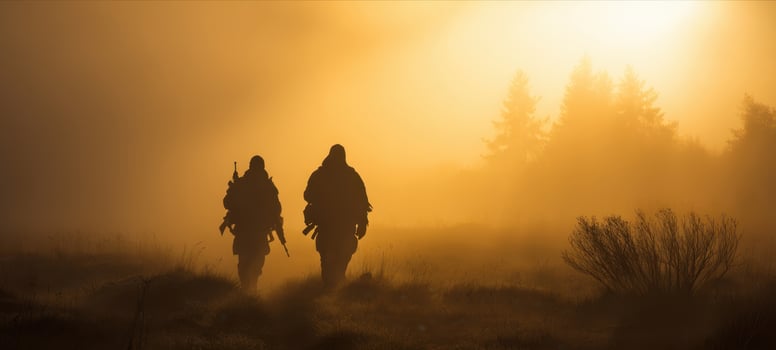 The soldiers advancing through a misty forest at sunrise in silhouette. photo