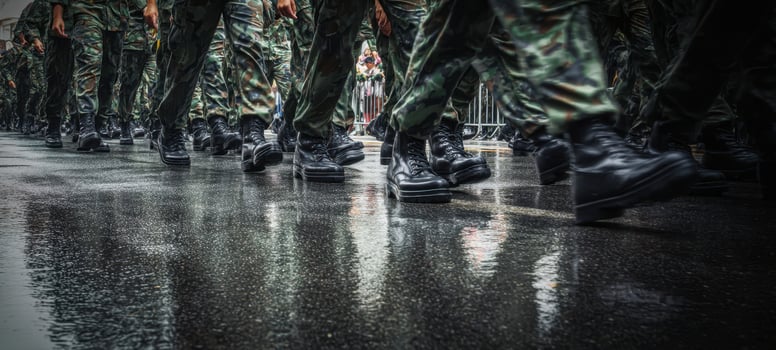 The soldiers marching in formation on a rainy parade day. photo
