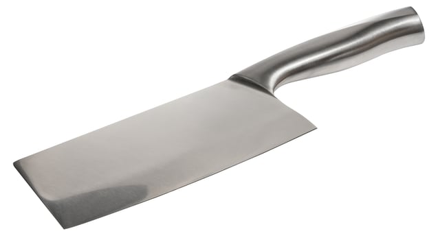 Kitchen knife cleaver with wide blade and metal handle. Close-up of knife on isolated background photo