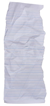 Close up of a crumpled, torn sheet of white lined paper with blue lines, isolated background photo