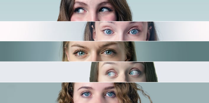 Multiple close-up views of expressive eyes showcasing diverse emotions and perspectives in a minimalist setting during daylight hours photo
