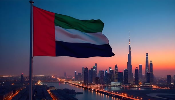 UAE Flag waving over Dubai Skyline at Sunset photo