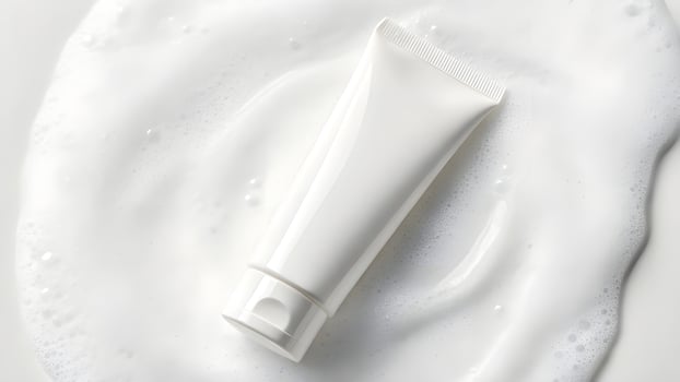 A tube of toothpaste is sitting on top of a white surface photo