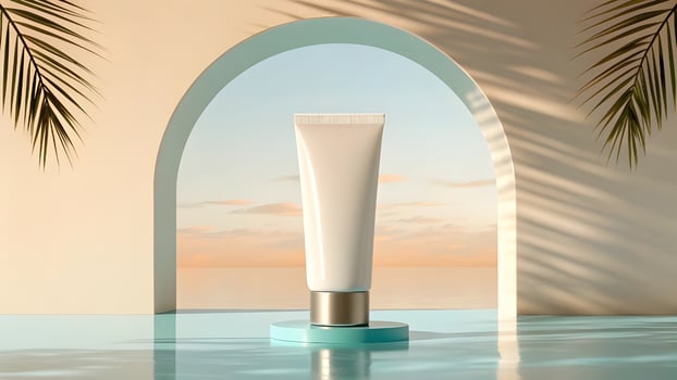 A tube of cream is sitting on a table in front of a palm tree photo