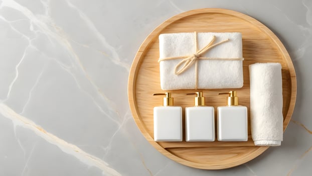 A wooden tray with three white soap dispensers and a towel photo