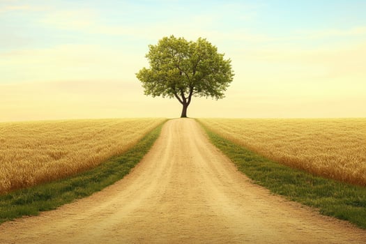 Empty dirt road leads to lone tree photo