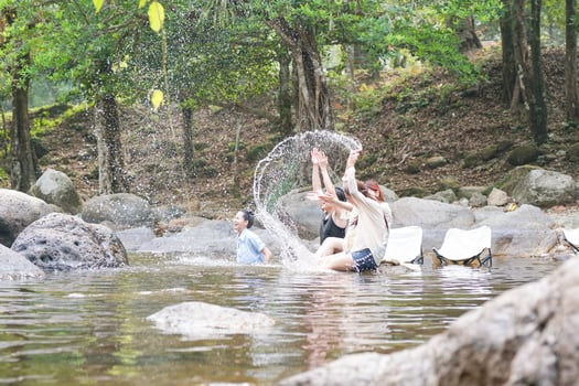 Group of Friends Enjoying a Refreshing Dip in a Natural Forest River, Young Adults Splashing in a Clear Stream Outdoors, People Having Fun in Nature photo