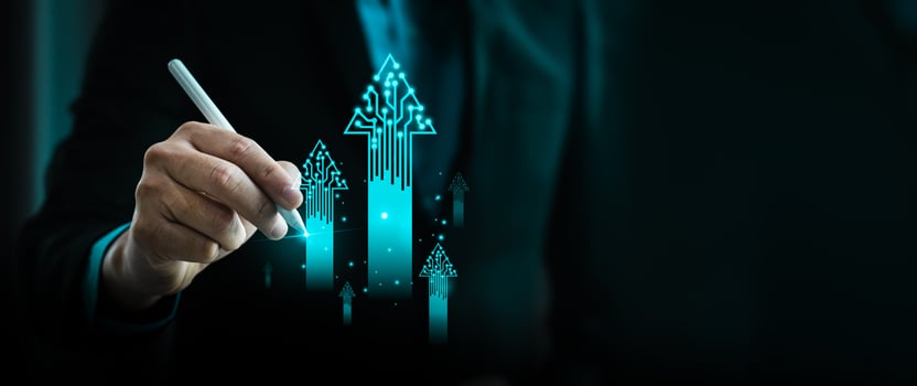 Businessman using digital pen to create futuristic virtual arrows symbolizing technology growth, digital transformation, innovation success, and leadership in virtual data driven economy photo