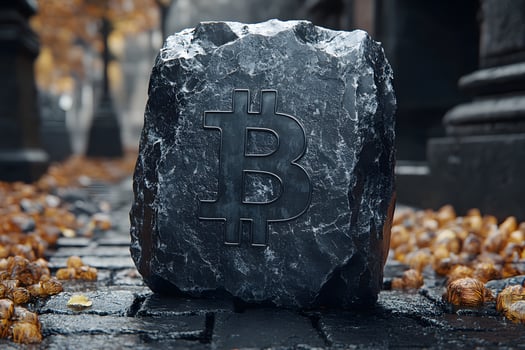 Bitcoin Symbol on Stone Block in Autumn Urban Setting - Cryptocurrency Concept for Finance Design photo