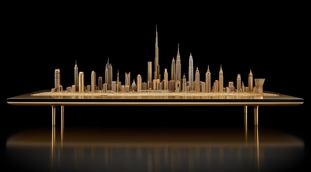 Golden city skyline sculpture on a polished table photo