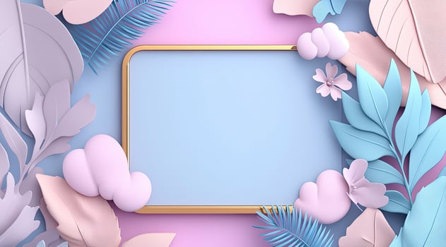 Pastel-toned floral and foliage design. A light blue rectangular frame with a gold border, surrounded by pastel-colored leaves, flowers, and clouds photo