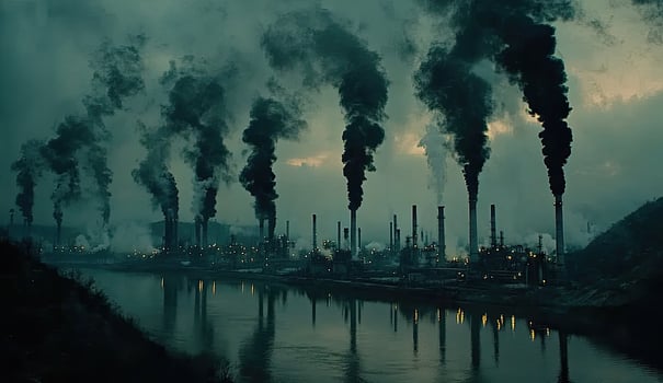 Industrial pollution along a river photo