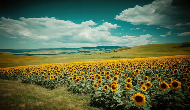Sunflowers bloom across a vast field under a cloudy sky photo