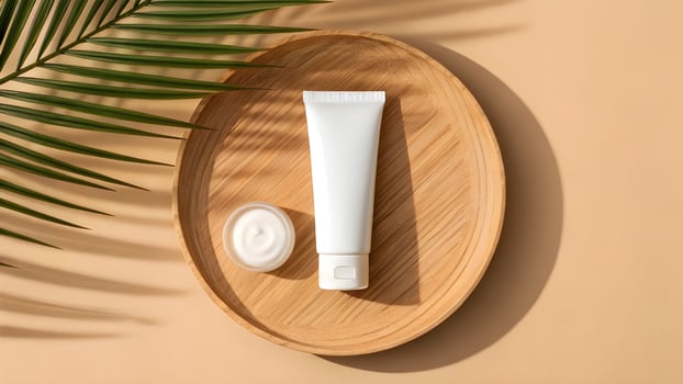 A tube of cream and a palm leaf on a wooden plate photo
