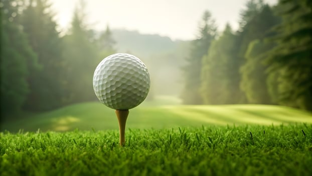 Golf ball on tee in green grass with trees in background photo