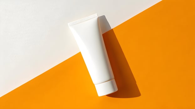 A tube of sunscreen cream on an orange and white background photo