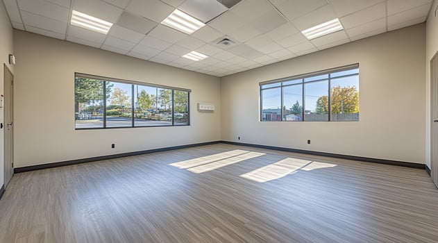 Spacious, bright room with large windows photo