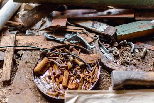 Old workshop with vintage hand tools, real life photo, antique photo