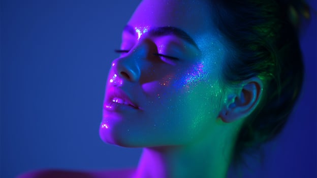 Woman with glowing glitter makeup in vibrant neon lighting during an artistic photoshoot photo