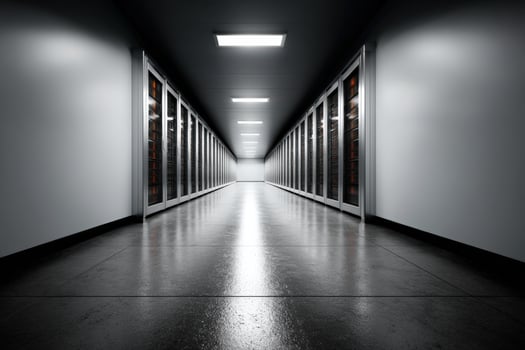 View of multiple server racks in a modern data center hallway during daytime photo