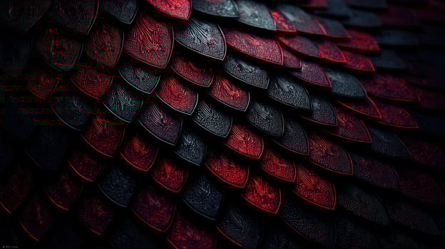 Chromatic dragon scales feature intricate patterns in deep red and black hues photo