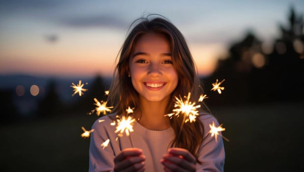 A girl smiles while holding sparklers in her hands photo