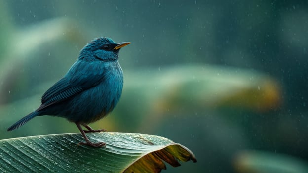 Blue Bird Perched on a Wet Leaf During a Rainforest Downpour photo