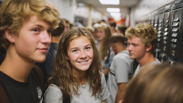 Smiling Teenagers in a High School Hallway photo