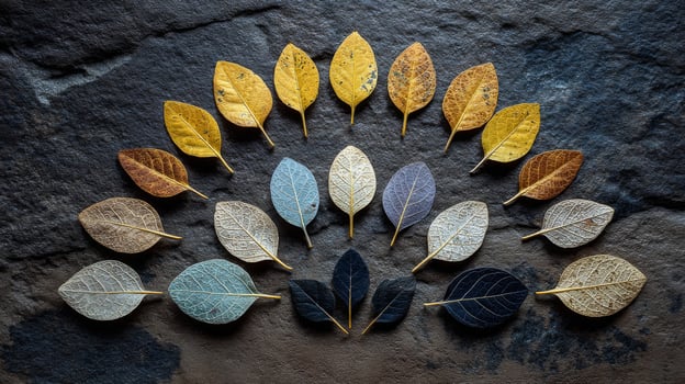 Autumn Leaves Color Gradient on Dark Stone Background photo