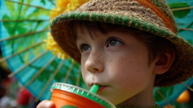 Portrait of a Freckled Boy Drinking from a Cup at a Summer Festival photo