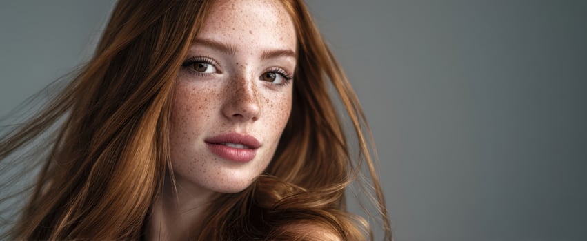 The captivating portrait of a redhead woman with freckles in soft lighting. photo