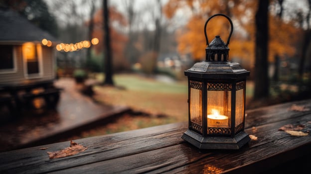Glowing Lantern on a Rainy Autumn Evening photo