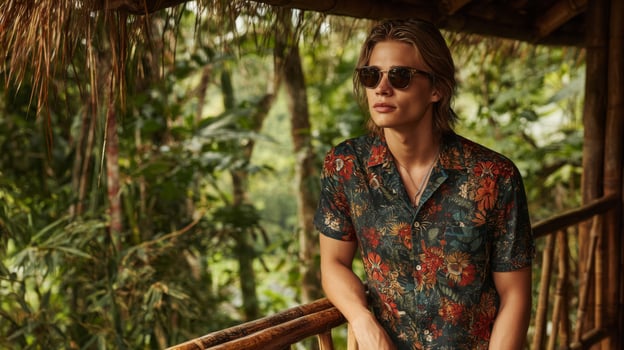 Young Man in Floral Shirt and Sunglasses Relaxing in Tropical Hut photo